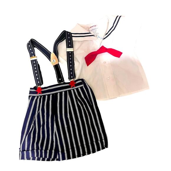 Vtg Baby Sailor Americana 4th of July Striped Overall Shorts Shirt Set Deadstock - Picture 2 of 8